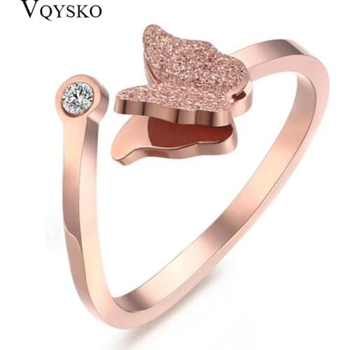 New Fashion Hot Sale Elegant Titanium Steel Rose Gold Color Crystal Butterfly Rings For Women use for Party Engagement