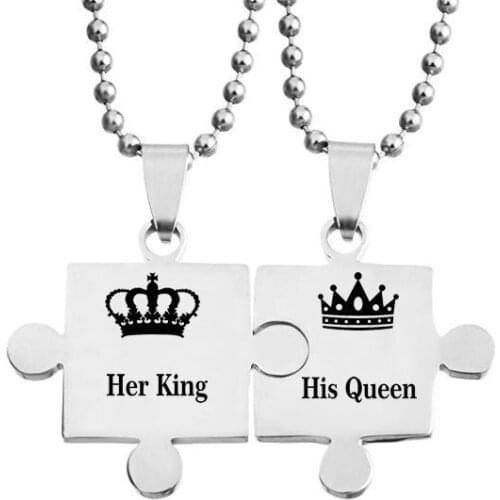 2pcs/set Her King His Queen Puzzle Piece Necklaces Titanium Steel Couple Lovers Crown Pendant Necklace For Men Women 23"