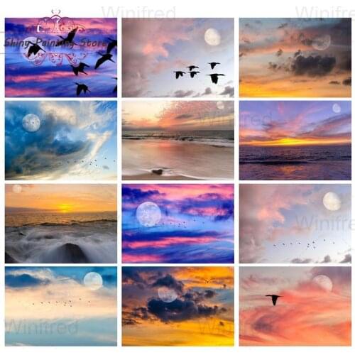 5D Diamond Painting Beautiful Moon Scenery Sunset Landscape Modern Picture Wall Art Diamond Embroidered Mosaic Cross Stitch Kit