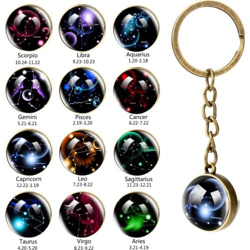 12 Zodiac Sign Glass Ball Keychain Pendant Women Men Fashion Constellation Jewelry Key Chains Holder Key Ring Christmas Gifts