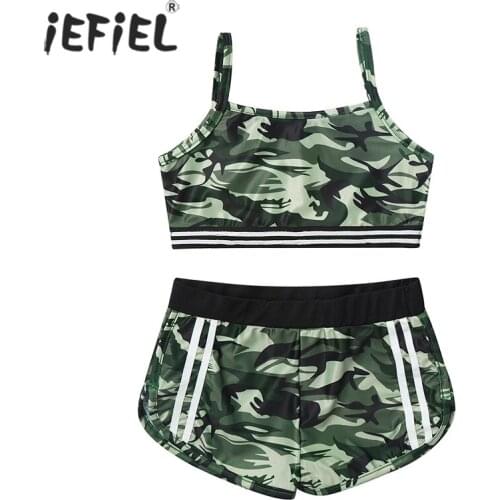 Kids Girl Clothes Summer Camouflage Printed Sleeveless Tanks Top Ballet Dance Gym Workout Vest with Bottoms Shorts Tracksuit Set