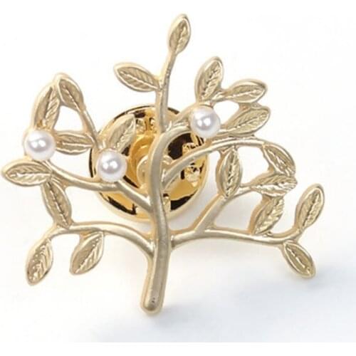 DoreenBeads Fashion Tie Tac Lapel Pin Brooches Tree Gold White Acrylic Imitation Pearl 30mm(1 1/8") x 30mm(1 1/8"), 1 PC