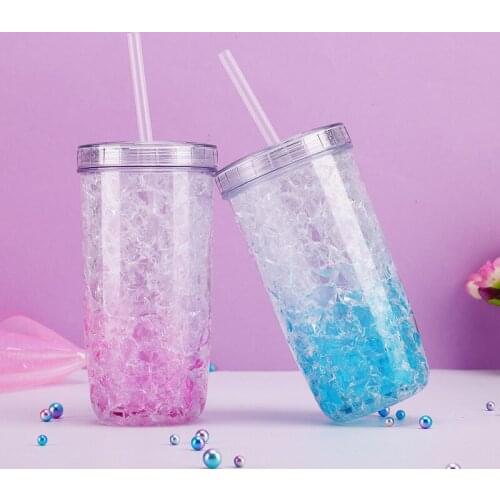 Korean Reusable Straw Cup Creative Fresh Broken Ice Plastic Double-layer Gradient Color Cup Student Gift Portable Mug Drinkware
