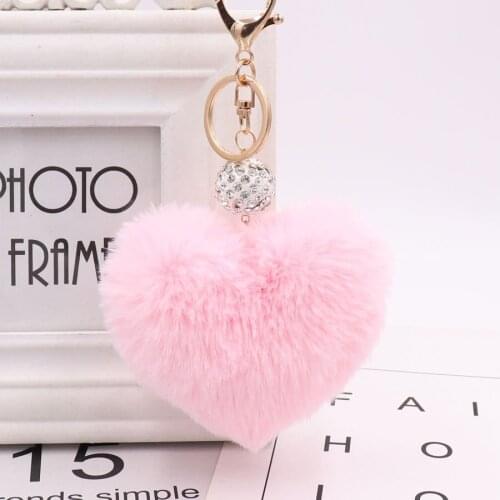 Lovely Heart Keychains Pom Poms Faux Rex Rabbit Fur Girl Bag Hang Car Key Ring Pendant Llaveros