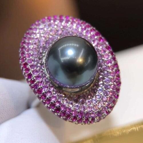 MJ Solid 925 Sterling Silver Round 11-12mm Nature Sea Water Black Tahiti Pearl Rings for Women Fine Birthday Presents