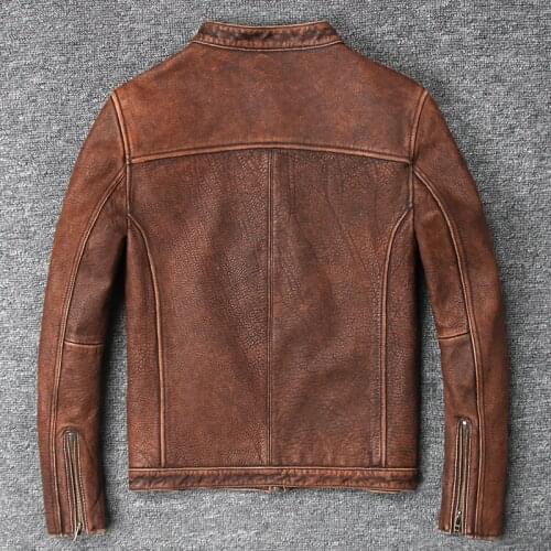 Mens vintage cow stand collar wash do old leather coat men brown color simple style biker jacket for male