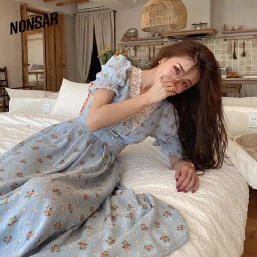 NONSAR French Retro Style Manor Lace V-Neck Silver Silk Thread Waist Thin Small Floral Mid-Length Dress Summer