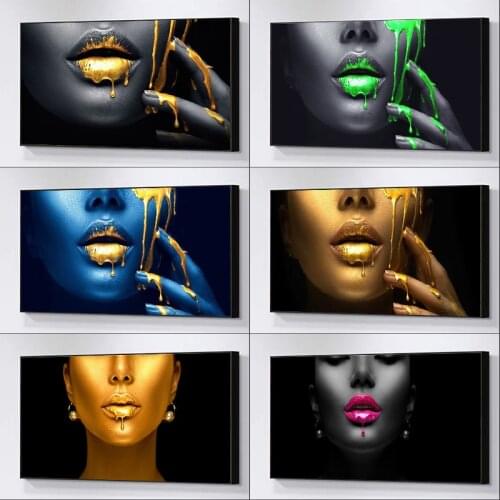 Modern Art Woman Golden Sexy Lips Poster Printmaking Wall Art HD Pictures Printed on Canvas Used for Bedroom Room Home Decor