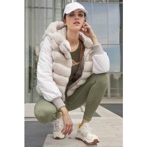 Rex Rabbit Fur Jacket Women Winter Fur Coat With Cotton Sleeves Female Fashion Casual Baseball Fur Jacket Knitted Cuffs
