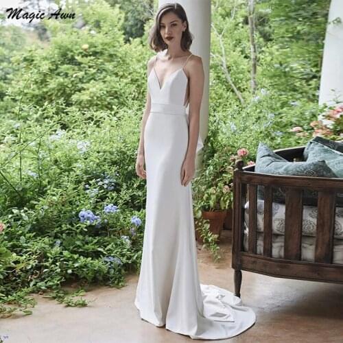 Magic Awn Boho Satin Wedding Dresses Backless Big Bow Sash Spaghetti Staps Beach Mariage Gowns Simple Cheap Vestidos De Novia