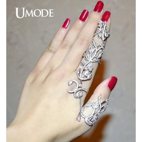 UMODE Unique Two Full Finger Ring With Chain Micro Round Clear CZ White Gold Color Rings for Women Gorgeous Jewelry Anel UR0264