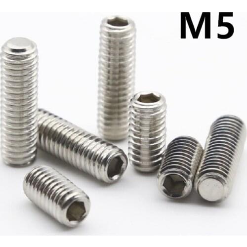 100PCS M5x4/5/6/8/10/12/16/20/25mm DIN913 GB77 Stainless Steel Thread Grub Screws Flat Point Hexagon Socket Set Screws Headless