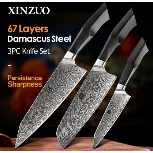 XINZUO 3 Pcs Knife Sets Damascus Steel VG10 Core Blade Razor Sharp Kitchen Santoku Knives G10 Handle Meat Slicer Cutting Knife