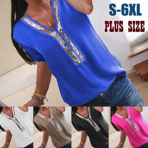 Solid color patchwork v-neck womens beaded short sleeve T-shirt Plus size 1pcs/lot