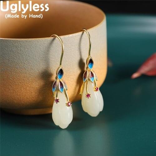 Uglyless Elegant Magnolia Floral Earrings for Women Hotan Jade Natural Gemstones Jewelry Real 925 Silver Enamel Flowers Brincos