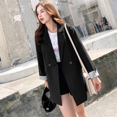Womens jacket 2019 autumn black small suit jacket Korean mid-length loose coat Feminine office blazer