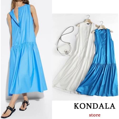 Women Overszied Chic Blue Ruffles Maxi Dress Za 2021 Summer Cotton Sleeveless Casual Button Loose Dress Fashion Mujer Vestidos