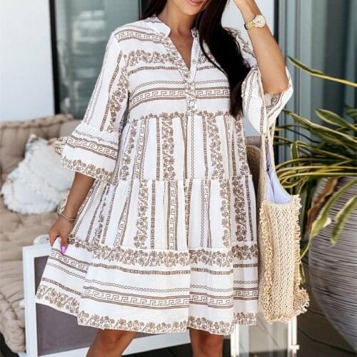 Loose Casual V Neck Button A-Line Beach Dress Women Elegant 3/4 Sleeve Party Dress 2021 Autumn Pattern Print Pullover Mini Dress