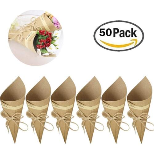 50Pcs/set Retro Folding Kraft Paper Confetti Cone Bouquet With Hemp Ropes Wedding DIY Decoraion Gifts Packing Party Supplies