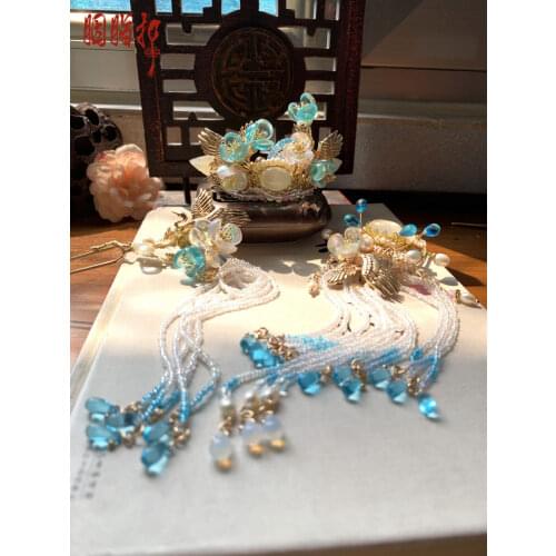 Bi Xiao Water-foam Jade Hanfu Hair Accessory Handmade Long Tassel Vintage Hair Tiara Hair Comb Hair Stick Hair Jewelry Cosplay