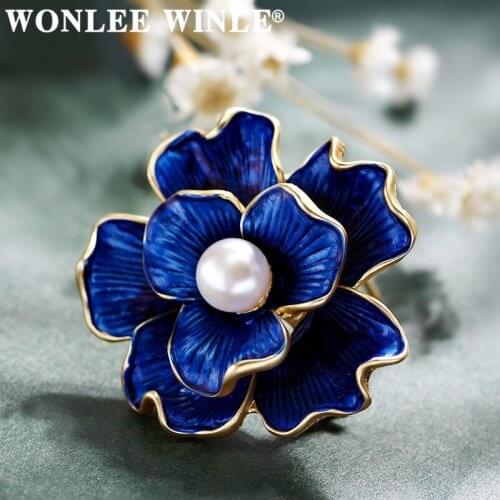 Wonlee Winle TOP Quality Full Rhinestone Austria Crystal Pearl Blue Flower Brooches for Women Fashion Jewelry