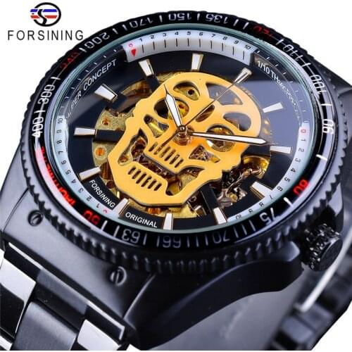 Fashion Winner Brand Man Steampunk Skull Auto Mechanical Clock Black Stainless Steel Skeleton Dial Cool Design Sport Wrist Watch