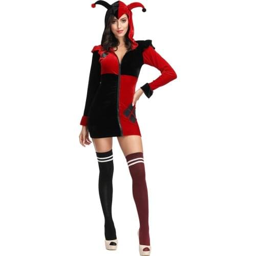 Black-red Poker Circus Clown Costume Dress Sexy Women Hooded Dress Halloween Party Uniform