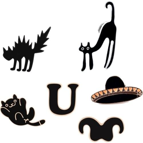 Black Cartoon Brooches Hat Crzay Cat Icons Enamel Pins Denim Clothes Shirts Lapel Pin For Men Cool Buckle Badge Accessories