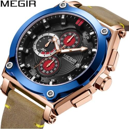 MEGIR Chronograph Sport Watch for Men Luxury Leather Quartz Mens Watches Clock Erkek Kol Saati Montre Homme Zegarek Meski