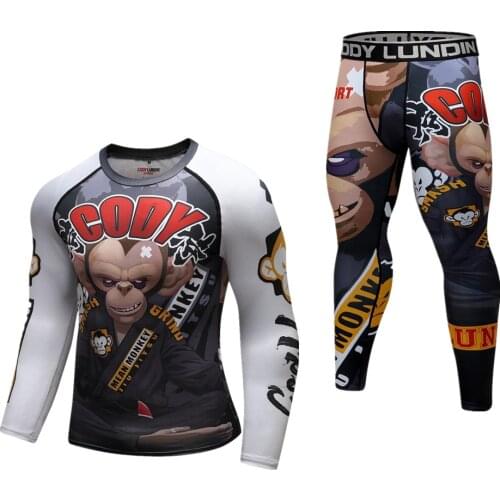MMA Bjj Fitness 3D Monkey Printing Fightwear Muay Thai Rashguard Compression KickBoxing Tight Trousers Pants Boxing Jersey Set
