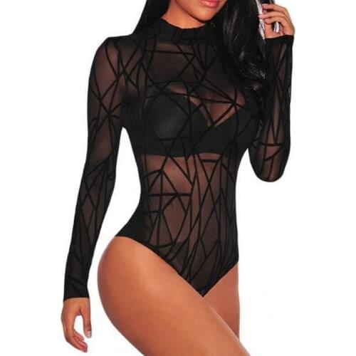Fashion New Sexy Pattern High-Neck Long-Sleeved One-Piece Pajamas Sexy Lingerie Perspective Outfit