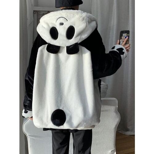 Cartoon Panda Coat Animal Cosplay Plush Parkas Reversible Hooded Jacket Black White Men