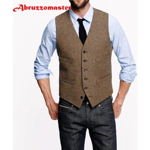 Abruzzomaster Farm Wedding Vintage Brown Tweed Vests Custom Made Groom Vest Mens Slim Fit Tailor Made Wedding Waistcoat