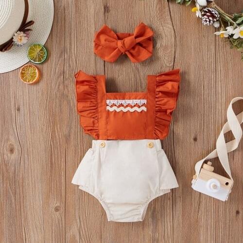 0-18M Cute Newborn Baby Girl Sleeveless Backless Patchwork Cotton Romper Jumpsuit Headband 2PCS Outfits Summer Clothes