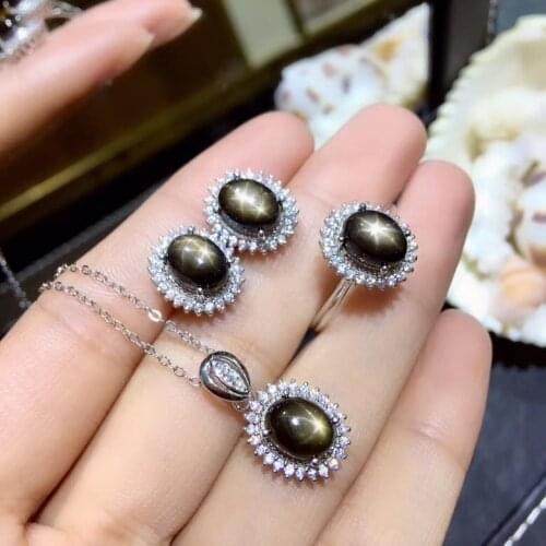 Natural black starlight sapphire jewelry sets natural gemstone ring Earrings Pendant 925 silver Stylish round women fine jewelry
