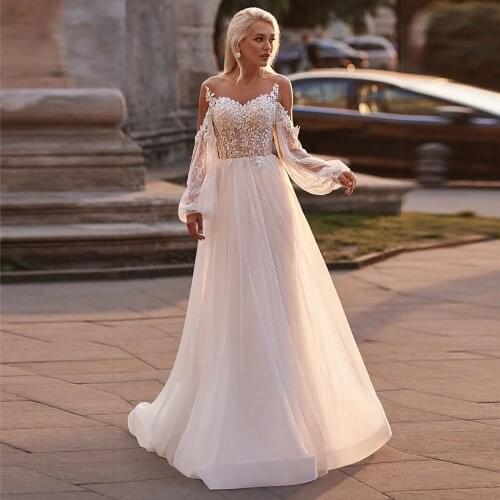 Charming Illusion Neck A Line Wedding Dresses Off the Shoulder Puff Sleeves Lace Appliques Bridal Gowns Long Tulle Vestido noiva