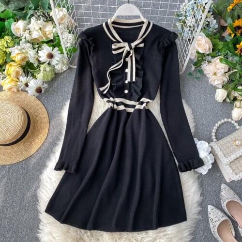 Autumn Vintage Ruffle Knitted Sweater Dress Casual Long Sleeve Bow Collar Women Dresses Fall Korean Chic New Robe Mujer 2020