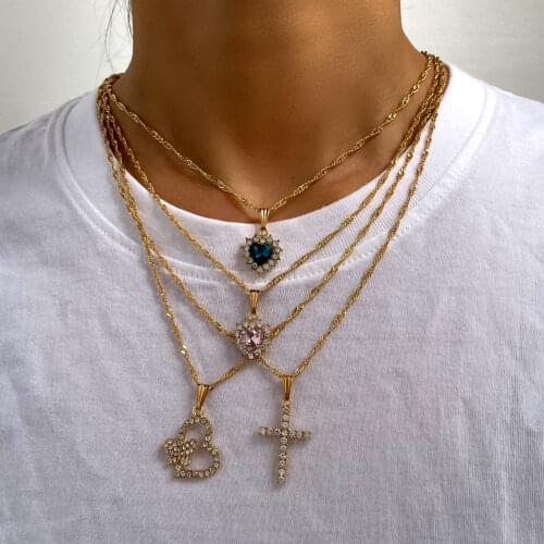 Fashion Multilayer Rhinestone Love Heart Butterfly Necklace For Women Punk Shiny Crystal Cross Pendant Necklaces Jewelry Gift