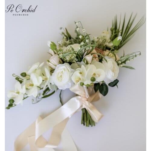 PEORCHID Rose Orchid Teardrop Bridal Bouquet Lily Of The Valley Flower Waterfall Bouquet Wedding Holding Flowers European Style