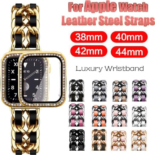 Women Leather Steel Watch Strap Luxury Bands for Apple Watch 6 SE 5 4 3 44mm 40mm Bracelet for IWatch Series 6 5 4 3 42mm 38mm