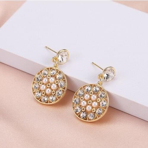 Dorado Exquisite Simulated Pearl Drop Dangle Earrings For Woman Party Shiny Crystal Big Round Alloy Brincos Sweet Jewelry Gift