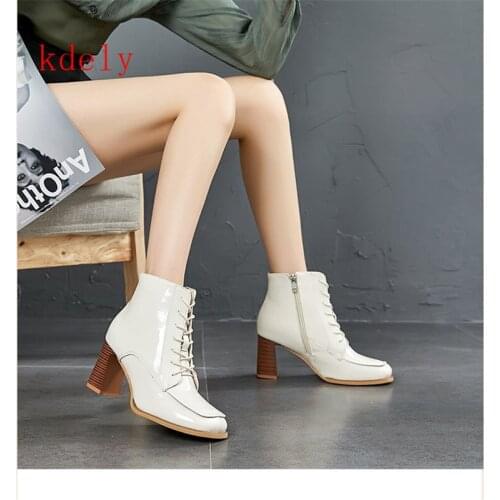 Sexy Lace Up Martin Boot Fashion Square Head Women Pumps Square Heel Women Boots Patent Leather High Heel Shoes Zapatillas Mujer