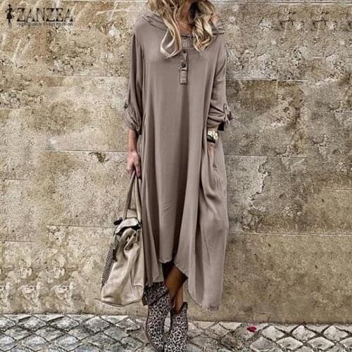 Womens Autumn Hooded Sundress 2021 ZANZEA Kaftan Solid Shirt Dress Casual Midi Vestidos Female Button Solid Robe Oversized
