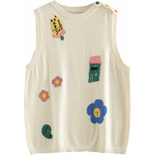 2021 Winter Harakuju Flower Sweater Vest Cartoon Embroidery Jacquard Knitted Pullovers Women Sleeveless Sweater Ladies Cute Top