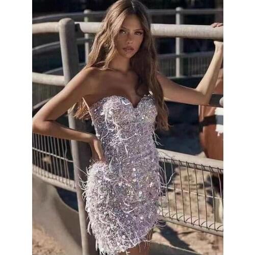Fashion strapless dress mini tight feather sparkly sequin designer dresses runway wedding party night club birthday for womens