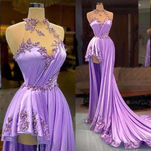 Lavender Evening Gowns High Neck Lace Beaded Satin Sleeveless A Line Prom Dress Party Wear Custom Made Women Robes De Soirée