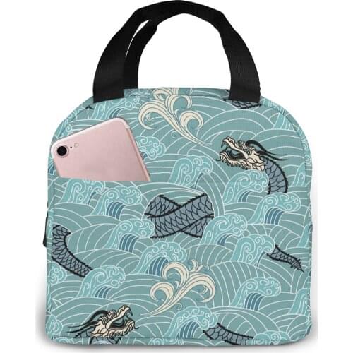 Asian Dragon Waves Lunch Bag Portable Insulated Thermal Cooler Bento Lunch Box Tote Picnic Storage Bag Pouch