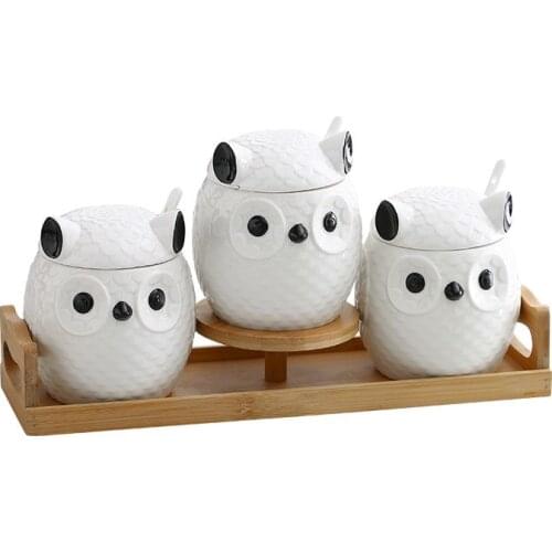 Household seasoning jar natural bamboo wood ceramic storage tank cute owl sealed cans salt cans oil bottle kitchen supplies