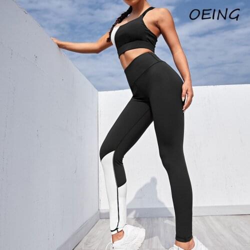 Black Stretchy Jogging Suits 2 Piece Yoga Sets Women Seamless Leggings and Tank Crop Tops Workout Clothes
