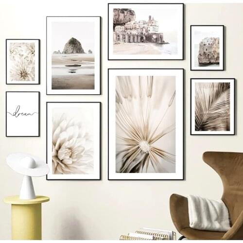 Dahlia Dried Flower Beach Coastal Scenery Wall Art Canvas Painting Nordic Posters And Prints Wall Pictures For Living Room Decor